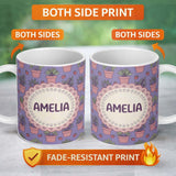 Personalized Custom Name Cute Pink Plant Pots Leaves Strawberry Seamless Pattern Lavender 11oz Ceramic Coffee Tea Mug White Large Handle