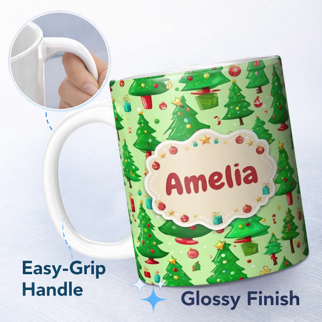 Personalized Custom Name Bright Green Christmas Trees with Gifts Candy Canes and Ornaments 11oz Ceramic Coffee Tea Mug White Large Handle