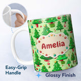 Personalized Custom Name Bright Green Christmas Trees with Gifts Candy Canes and Ornaments 11oz Ceramic Coffee Tea Mug White Large Handle