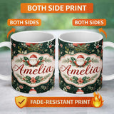Personalized Custom Name Christmas Santa Botanical Dark Green Festive Seamless Pattern Lovely 11oz Ceramic Coffee Tea Mug White Large Handle