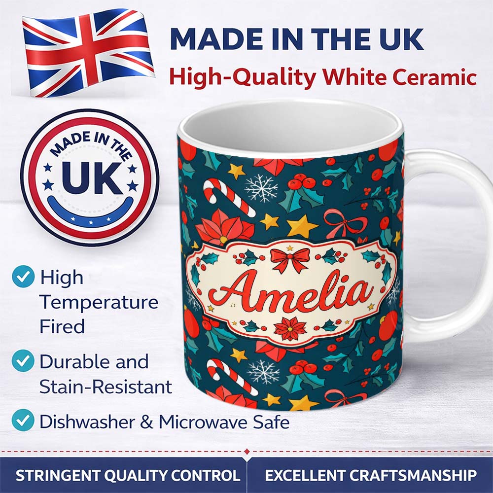 Personalized Custom Name Festive Poinsettia Candy Cane Holly Berry Seamless Pattern Lovely 11oz Ceramic Coffee Tea Mug White Large Handle