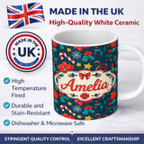 Personalized Custom Name Festive Poinsettia Candy Cane Holly Berry Seamless Pattern Lovely 11oz Ceramic Coffee Tea Mug White Large Handle