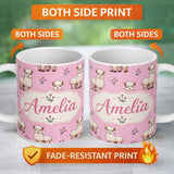 Personalized Custom Name Cute Alpaca Llama Pattern with Floral Sprigs on Pink Background 11oz Ceramic Coffee Tea Mug White Large Handle
