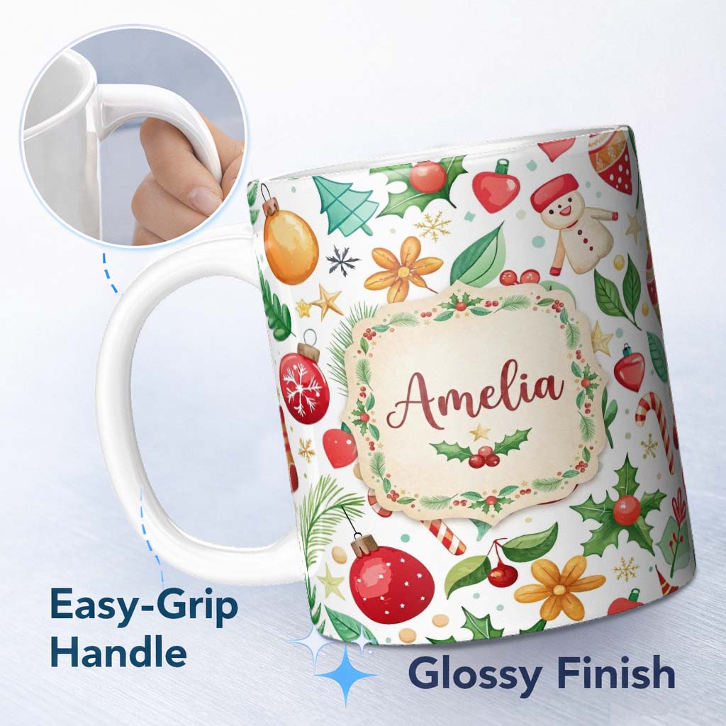 Personalized Custom Name Cute Christmas Tree Bauble Candy Cane Snowman Seamless Pattern 11oz Ceramic Coffee Tea Mug White Large Handle