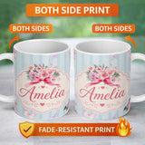 Personalized Custom Name Cute Watercolor Roses Bouquet with Red Ribbon Soft Blue Stripe 11oz Ceramic Coffee Tea Mug White Large Handle
