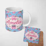 Personalized Custom Name Cute Pink Plant Pots Leaves Strawberry Seamless Pattern Sky Blue 11oz Ceramic Coffee Tea Mug White Large Handle