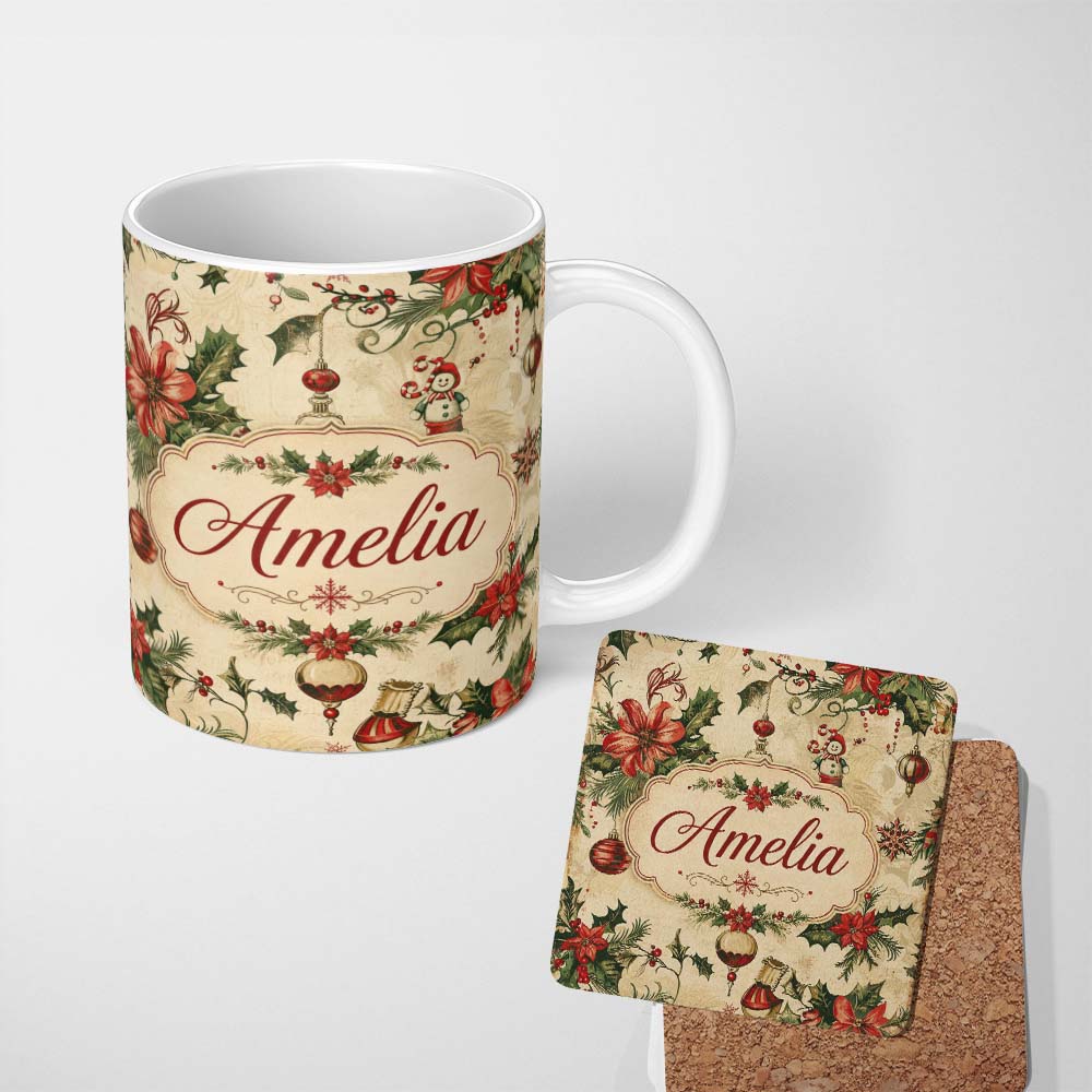 Personalized Custom Name Classic Christmas Holly Poinsettia Baubles Seamless Pattern Festive 11oz Ceramic Coffee Tea Mug White Large Handle