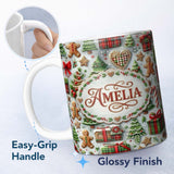 Personalized Custom Name Christmas Gingerbread House Tree Cookie Festive Seamless Pattern 11oz Ceramic Coffee Tea Mug White Large Handle