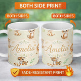 Personalized Custom Name Cute Baby Jungle Animals with Leaves on Light Olive Background 11oz Ceramic Coffee Tea Mug White Large Handle