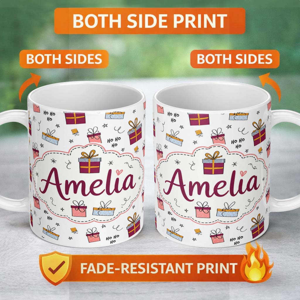 Personalized Custom Name Cute Christmas Gift Boxes Ho Ho Doodle Seamless Pattern Lovely 11oz Ceramic Coffee Tea Mug White Large Handle