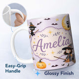 Personalized Custom Name Halloween Witch Cat Moon Stars Spooky Night Lilac Seamless Pattern 11oz Ceramic Coffee Tea Mug White Large Handle