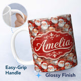 Personalized Custom Name Vintage Style Santa Faces Snowy Red Background Christmas Seamless 11oz Ceramic Coffee Tea Mug White Large Handle