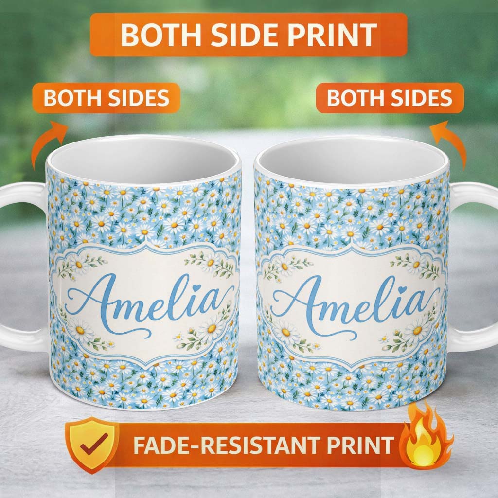 Personalized Custom Name Small White Daisy Floral Meadow Pattern Seamless Pattern Lovely 11oz Ceramic Coffee Tea Mug White Large Handle
