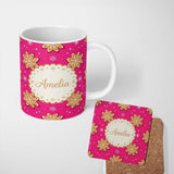Personalized Custom Name Gingerbread Snowflake Cookie Pink Festive Seamless Pattern Lovely 11oz Ceramic Coffee Tea Mug White Large Handle