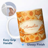 Personalized Custom Name Cute Autumn Fox Cartoon Animal Pattern Stylish Everyday Mug Lovely 11oz Ceramic Coffee Tea Mug White Large Handle