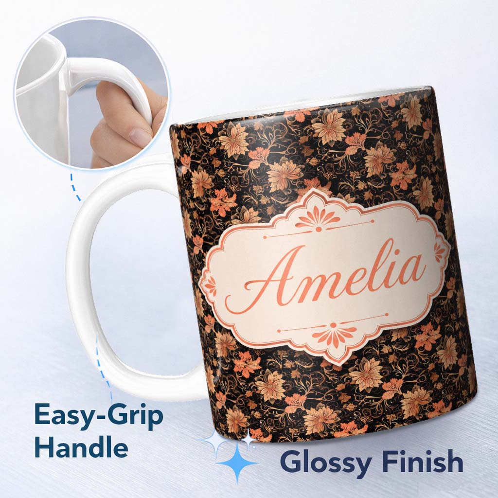 Personalized Custom Name Vintage Floral Vine in Warm Peach and Black Elegant Botanical Design 11oz Ceramic Coffee Tea Mug White Large Handle