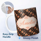 Personalized Custom Name Vintage Floral Vine in Warm Peach and Black Elegant Botanical Design 11oz Ceramic Coffee Tea Mug White Large Handle