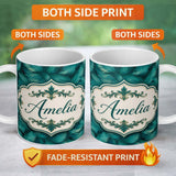Personalized Custom Name Rich Teal Feather Pattern with Layered Botanical Texture Seamless 11oz Ceramic Coffee Tea Mug White Large Handle