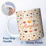 Personalized Custom Name Watercolor Coffee Cups and Beans Soft Autumn Tones Seamless Pattern 11oz Ceramic Coffee Tea Mug White Large Handle