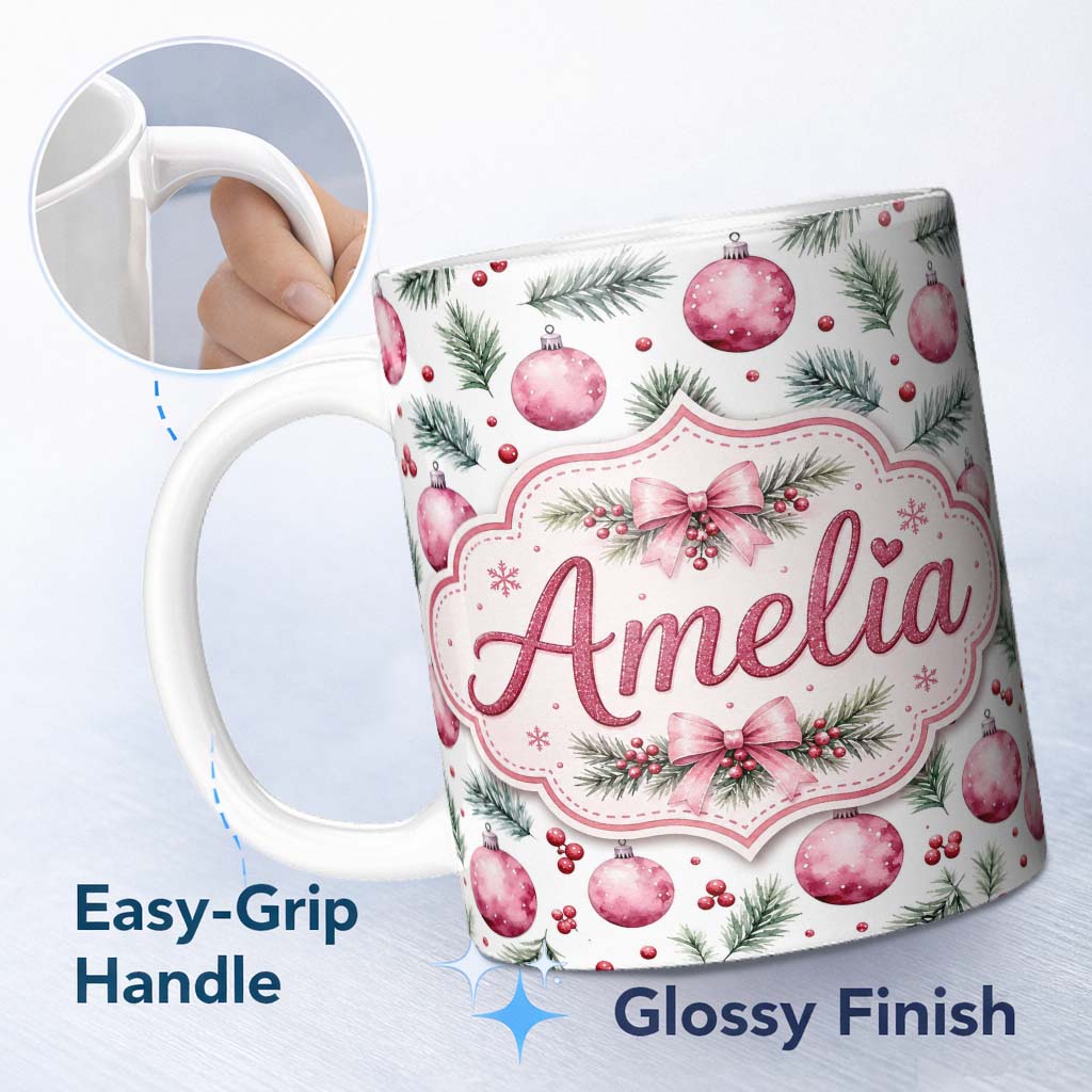 Personalized Custom Name Watercolor Pink Baubles Pine Branches Berry Christmas Seamless 11oz Ceramic Coffee Tea Mug White Large Handle