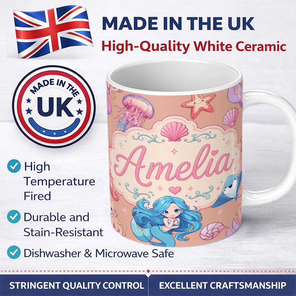 Personalized Custom Name Cute Blue Hair Mermaid Jellyfish Seahorse Peach Background Seamless 11oz Ceramic Coffee Tea Mug White Large Handle