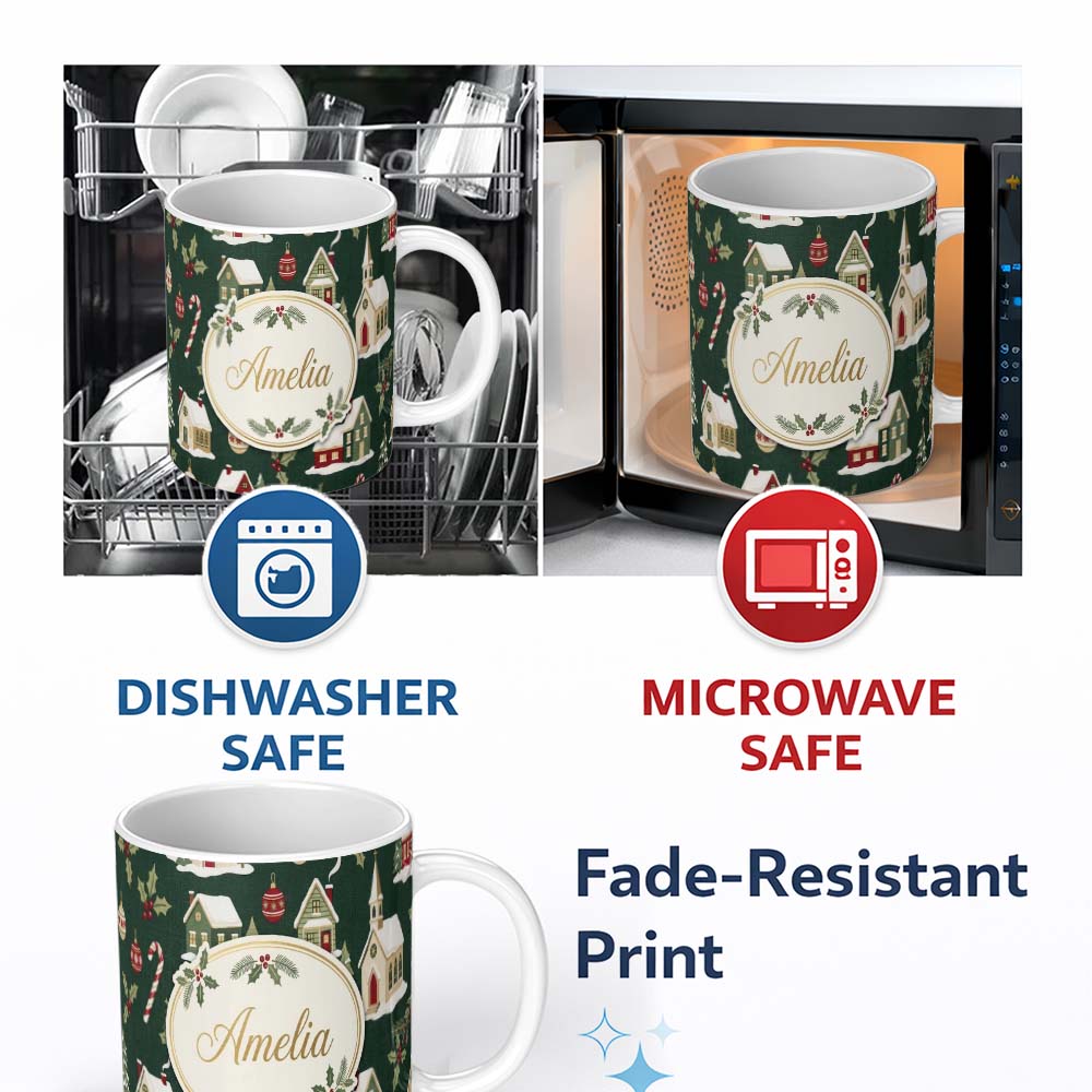 Personalized Custom Name Dark Vintage Christmas Village Houses Snowy Scene and Ornaments 11oz Ceramic Coffee Tea Mug White Large Handle
