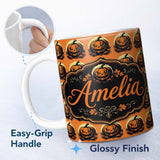 Personalized Custom Name Spooky Jack O Lantern Orange Background Classic Halloween Seamless 11oz Ceramic Coffee Tea Mug White Large Handle