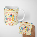 Personalized Custom Name Cute Sandcastles Seashells and Starfish Beach Theme Seamless Pattern 11oz Ceramic Coffee Tea Mug White Large Handle