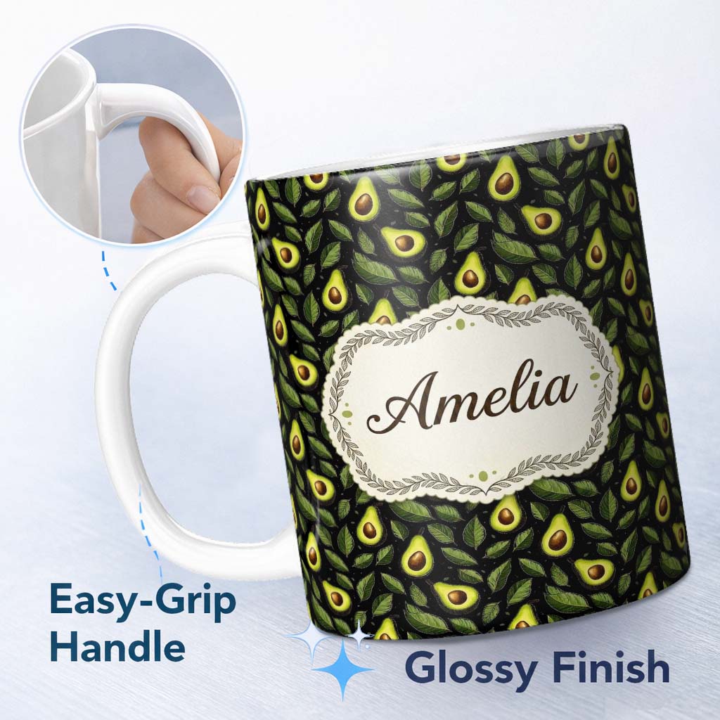 Personalized Custom Name Dark Avocado Leaf Seamless Black Background Fresh Fruit Botanical 11oz Ceramic Coffee Tea Mug White Large Handle