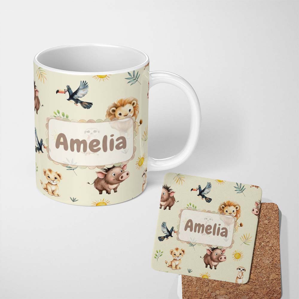 Personalized Custom Name Cute Safari Animal Lion Meerkat Toucan and Warthog with Sun and 11oz Ceramic Coffee Tea Mug White Large Handle