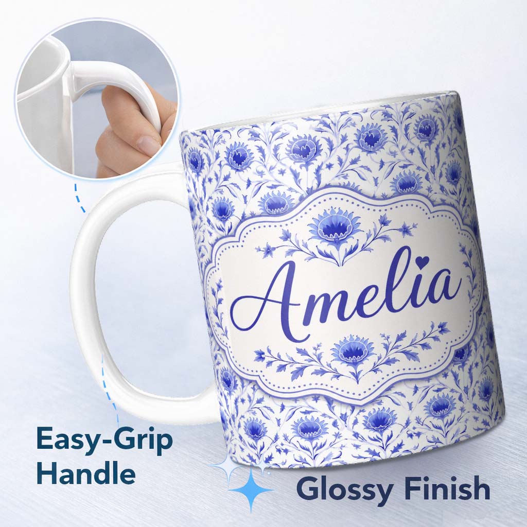 Personalized Custom Name Artistic Lavender Floral Pattern with Muted Tones and Fine Detail 11oz Ceramic Coffee Tea Mug White Large Handle