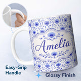 Personalized Custom Name Artistic Lavender Floral Pattern with Muted Tones and Fine Detail 11oz Ceramic Coffee Tea Mug White Large Handle
