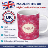 Personalized Custom Name Elegant Red Snowflake Winter Holiday Seamless Pattern Lovely 11oz Ceramic Coffee Tea Mug White Large Handle
