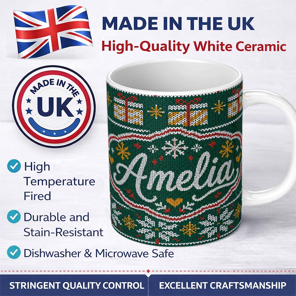Personalized Custom Name Cute Green Nordic Christmas Tree Snowflake Gift Knitted Seamless 11oz Ceramic Coffee Tea Mug White Large Handle