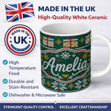Personalized Custom Name Cute Green Nordic Christmas Tree Snowflake Gift Knitted Seamless 11oz Ceramic Coffee Tea Mug White Large Handle