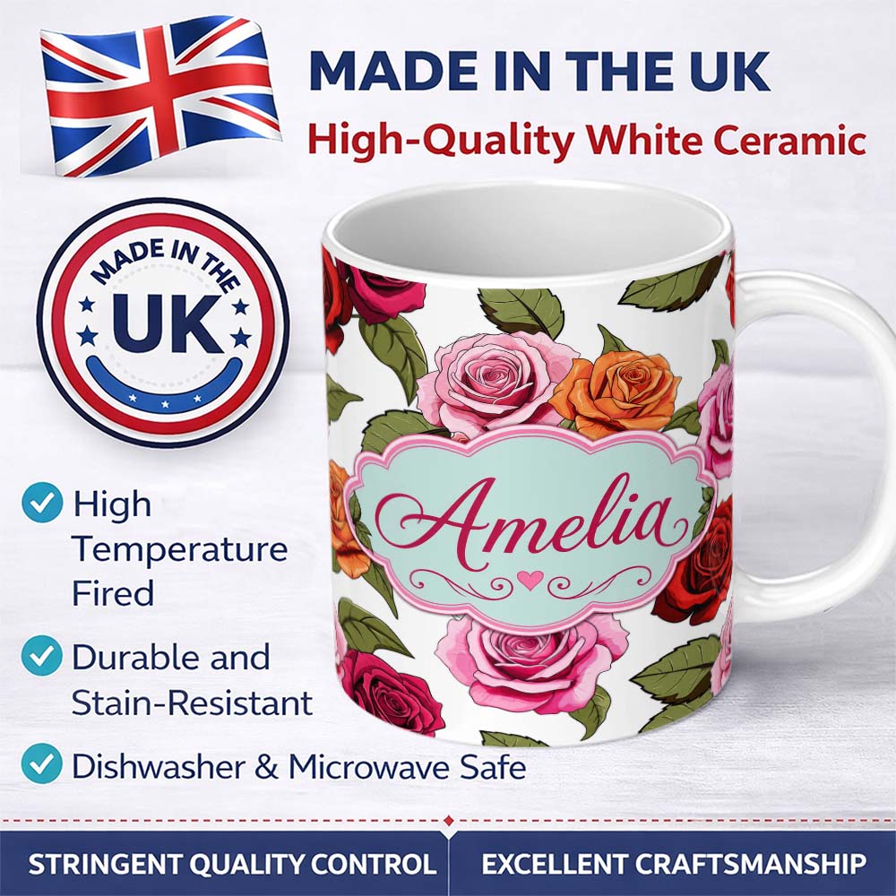 Personalized Custom Name Colorful Roses on Light Grey Background Seamless Floral Pattern 11oz Ceramic Coffee Tea Mug White Large Handle