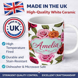 Personalized Custom Name Colorful Roses on Light Grey Background Seamless Floral Pattern 11oz Ceramic Coffee Tea Mug White Large Handle
