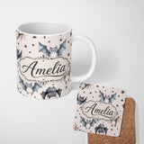 Personalized Custom Name Cute Watercolor Bats and Stars Seamless Pattern Warm Cream Lovely 11oz Ceramic Coffee Tea Mug White Large Handle