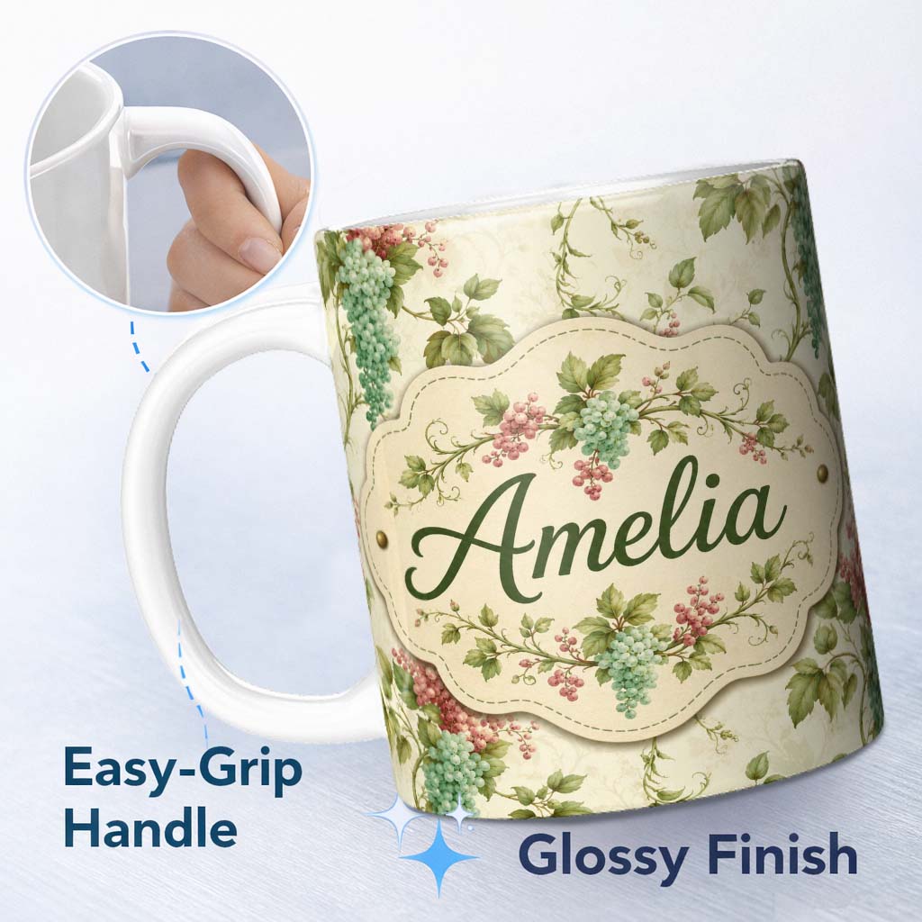 Personalized Custom Name Pastel Pink and Mint Grape Clusters Botanical Seamless Pattern 11oz Ceramic Coffee Tea Mug White Large Handle