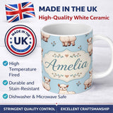 Personalized Custom Name Cute Alpaca Llama Pattern with Floral Sprigs on Soft Blue Background 11oz Ceramic Coffee Tea Mug White Large Handle