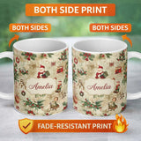 Personalized Custom Name Whimsical Santa Claus Gifts Children and Hanging Ornaments Festive 11oz Ceramic Coffee Tea Mug White Large Handle