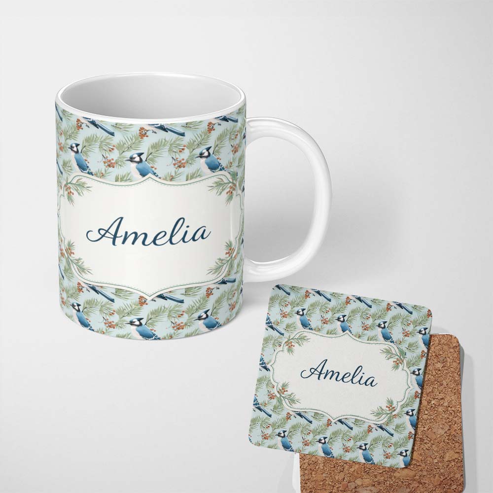 Personalized Custom Name Blue Jay Bird Watercolor Branch Artistic Nature Background Design 11oz Ceramic Coffee Tea Mug White Large Handle