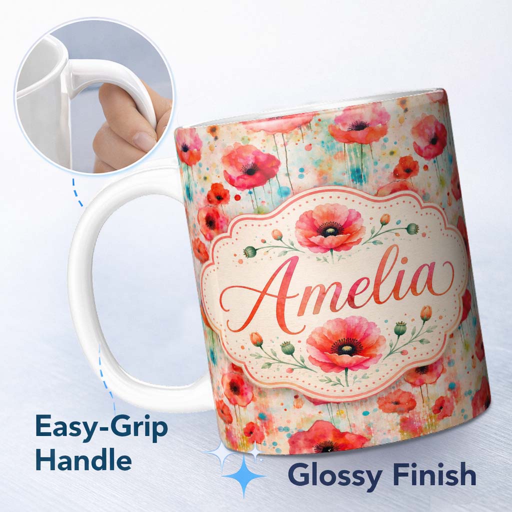 Personalized Custom Name Dreamy Red Poppy Flowers with Paint Drip Effect Seamless Pattern 11oz Ceramic Coffee Tea Mug White Large Handle