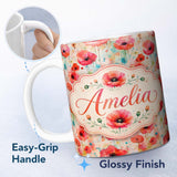 Personalized Custom Name Dreamy Red Poppy Flowers with Paint Drip Effect Seamless Pattern 11oz Ceramic Coffee Tea Mug White Large Handle
