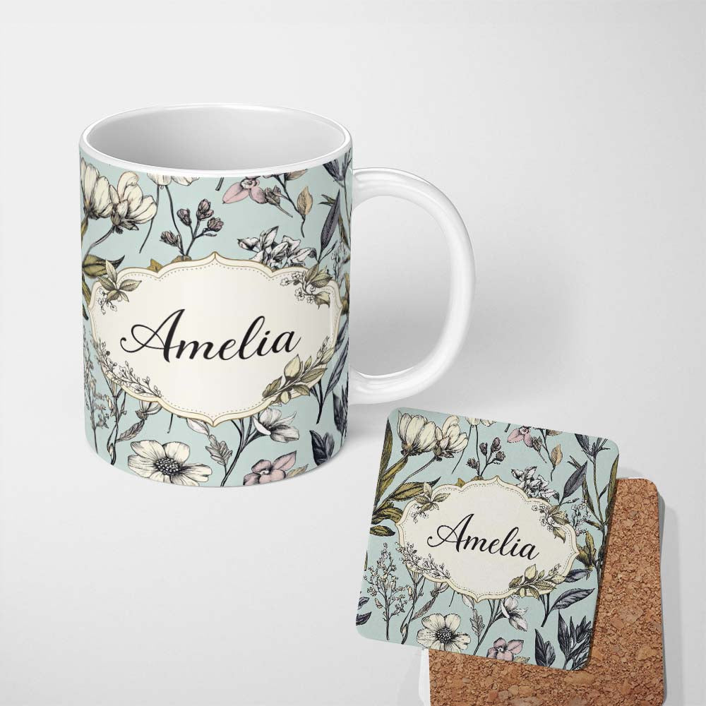 Personalized Custom Name Vintage Botanical Floral Sketch Pattern Blue Background Lovely 11oz Ceramic Coffee Tea Mug White Large Handle