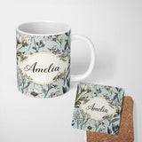 Personalized Custom Name Vintage Botanical Floral Sketch Pattern Blue Background Lovely 11oz Ceramic Coffee Tea Mug White Large Handle