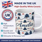 Personalized Custom Name Navy Blue Christmas Trees Red Stars Festive Seamless Pattern Lovely 11oz Ceramic Coffee Tea Mug White Large Handle