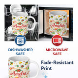 Personalized Custom Name Watercolor Christmas Gift Candle Poinsettia Bell Seamless Pattern 11oz Ceramic Coffee Tea Mug White Large Handle