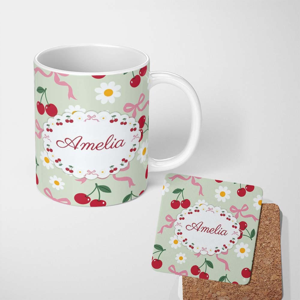 Personalized Custom Name Cute Cherry and Daisy Flowers with Pink Ribbon Bows Sage Green 11oz Ceramic Coffee Tea Mug White Large Handle