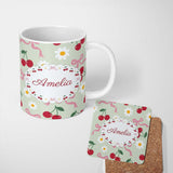 Personalized Custom Name Cute Cherry and Daisy Flowers with Pink Ribbon Bows Sage Green 11oz Ceramic Coffee Tea Mug White Large Handle